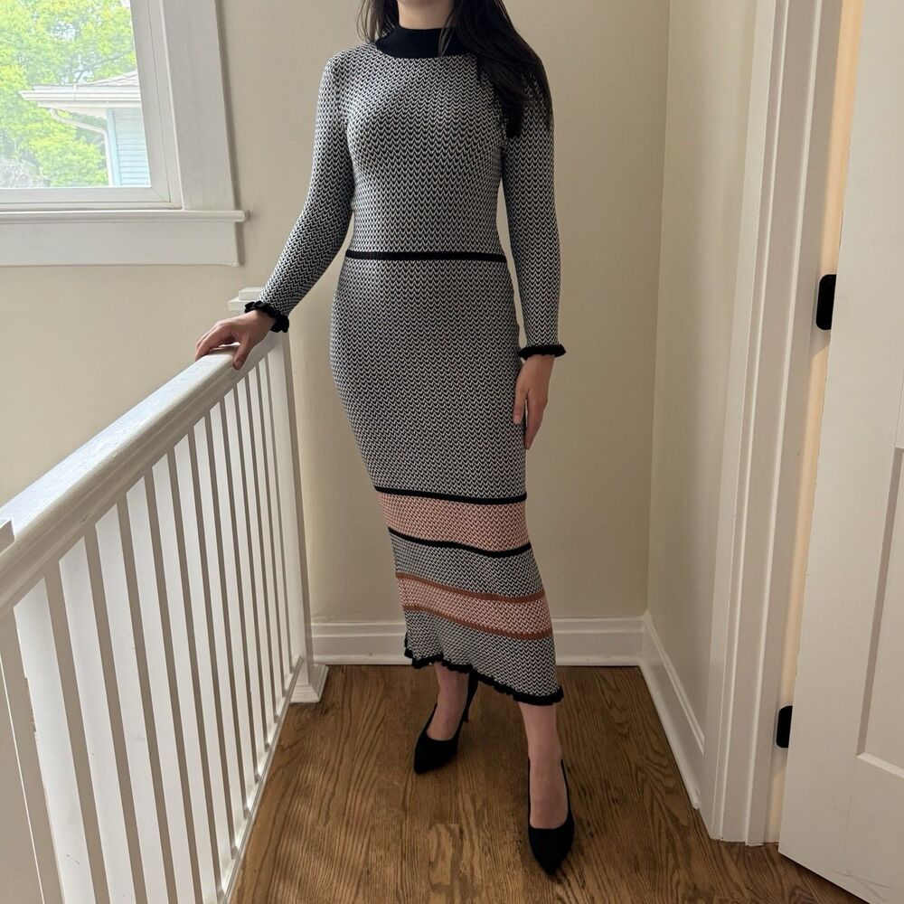 Robbie Bee Women’s Size M Mock Neck Long Sleeve Knit Ribbed Midi Dress Striped